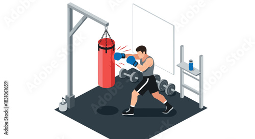 Isometric boxing training scene with punching bag and fitness equipment in gym setting