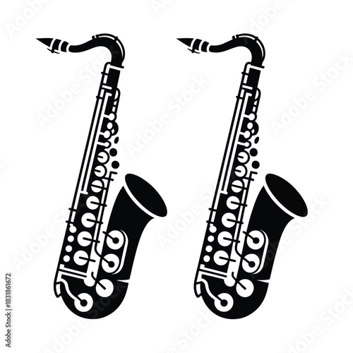 Two stylized black saxophones are displayed side-by-side against a white background.