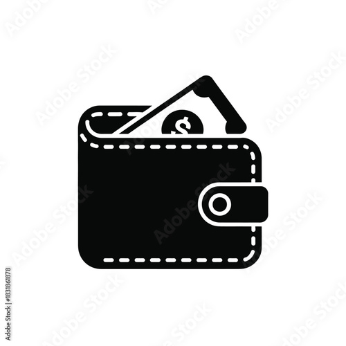A black icon of a wallet with a dollar bill and coin inside.