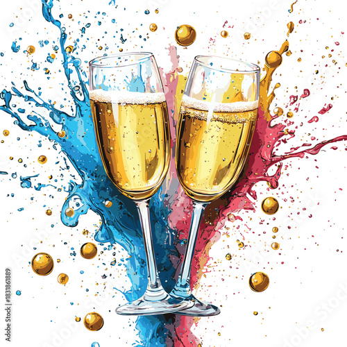 Happy new year - two champagne glasses in colorful abstract splash with golden spheres flying around , vector style simple color