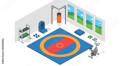 Isometric home gym with wrestling mat and equipment