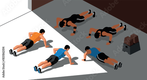 Isometric workout: group push-up exercise in modern gym setting