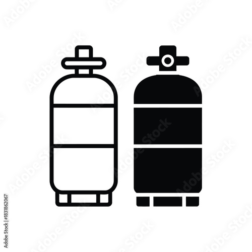 Two stylized gas cylinders stand side-by-side, one filled in black and the other outlined.