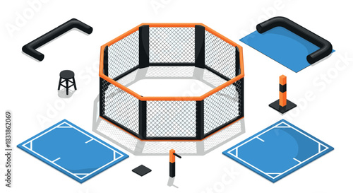 Isometric mma cage and equipment set with blue and orange elements