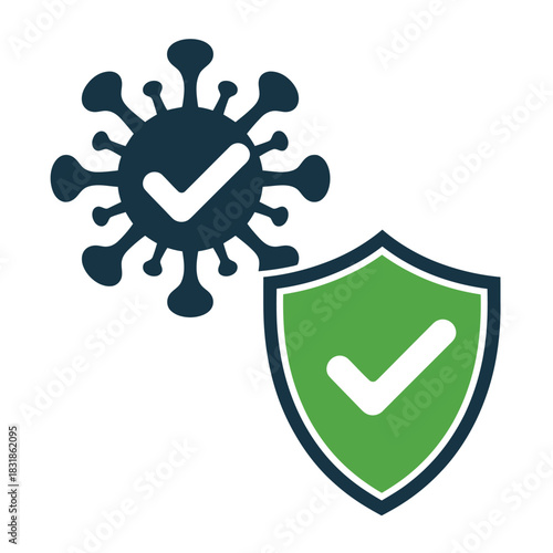 A virus icon with a checkmark is shown next to a shield icon with a checkmark.