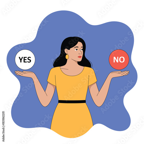 A woman stands between a 'YES' and 'NO' option, contemplating a decision.