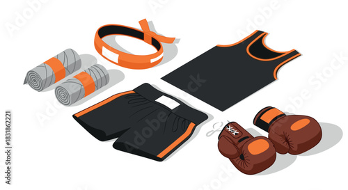 Isometric boxing equipment set with gloves, belt, and apparel on white background