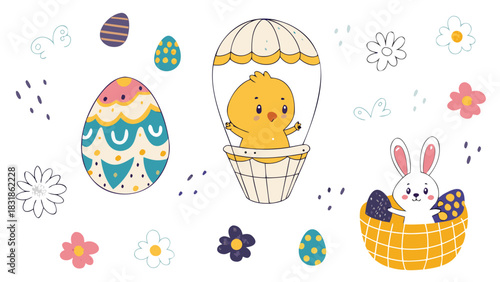Cute cartoon chick in a hot air balloon and a bunny in a basket surrounded by colorful easter eggs and flowers perfect for spring celebrations and children s designs