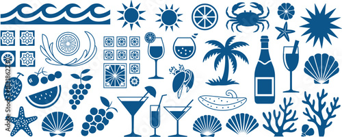 Coastal summer icons featuring fruits, seashells, cocktails, palm trees, waves, and marine elements in blue silhouette