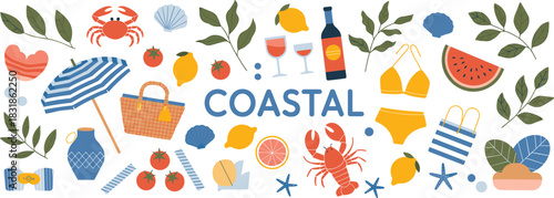 Coastal summer illustration with beach elements, seafood, fruits, leaves, and vacation accessories in colorful style