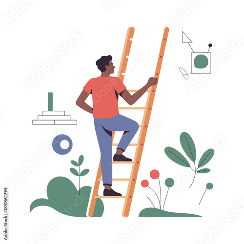 Person climbing a ladder towards abstract shapes and plants