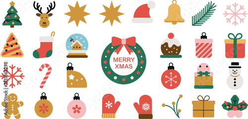 Christmas icons collection featuring festive ornaments, winter symbols, holiday decorations, gifts, snow elements, cheerful design