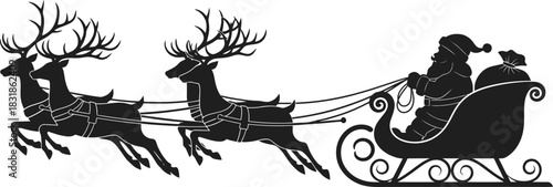 Silhouette illustration of Santa Claus in a sleigh pulled by reindeer, perfect for holiday-themed design projects