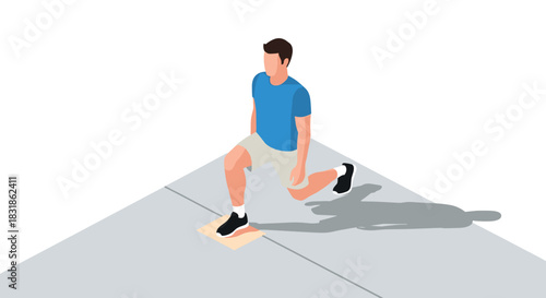 Isometric illustration of man exercising with lunges in outdoor setting