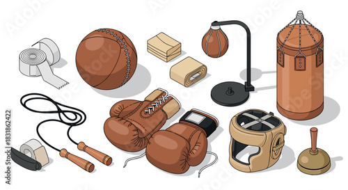 Boxing equipment set featuring gloves, punching bags, and jump rope in isometric style