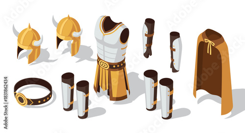 Ancient roman warrior armor set with helmets and cape in isometric design