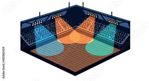 Isometric concert stage with colorful spotlights and audience in arena setting