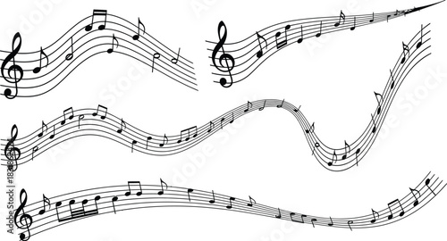 Collection of abstract wavy musical note staves, a vector graphic set of flowing melody and rhythm symbols for creative design projects