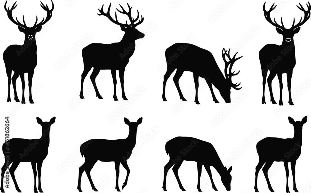 Naklejka premium Set of black deer silhouettes in various poses, perfect for design and illustration projects, capturing graceful wildlife
