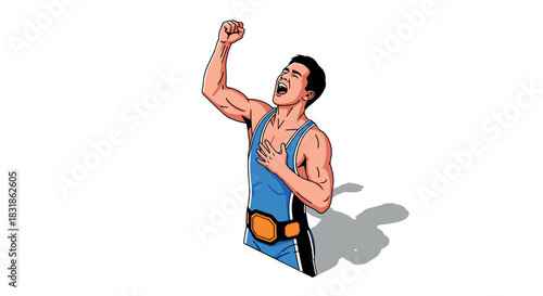 Triumphant wrestler celebrating victory in dynamic pose with championship belt