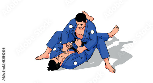 Jiu jitsu fighters grappling on the ground in dynamic blue gi artwork