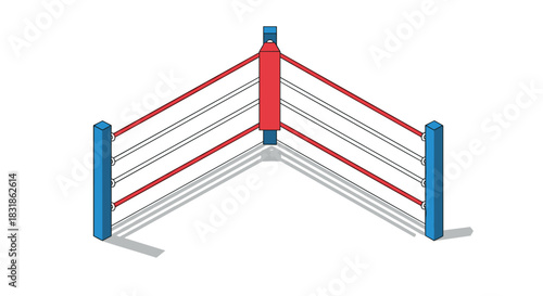 Isometric boxing ring corner with red and blue ropes on white background