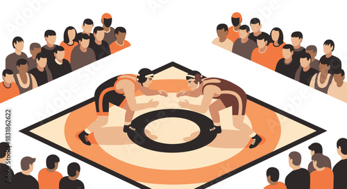 Wrestling match in arena with audience in flat isometric style