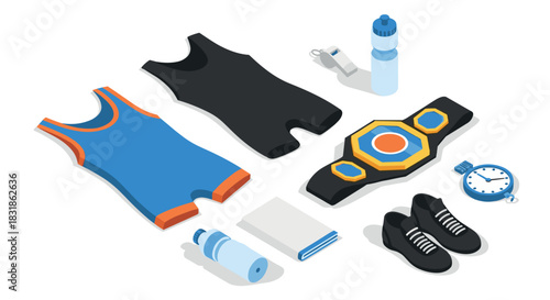 Wrestling gear set in isometric style with costume, belt, and accessories