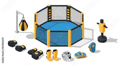 Mixed martial arts training equipment in isometric design with octagon cage and gear