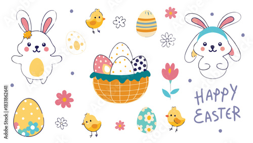 Cute easter illustration featuring adorable bunnies fluffy chicks colorful decorated eggs in a basket and blooming flowers with a happy easter message on a white background