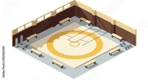 Isometric gymnasium interior with wrestling mat and equipment in modern sports facility