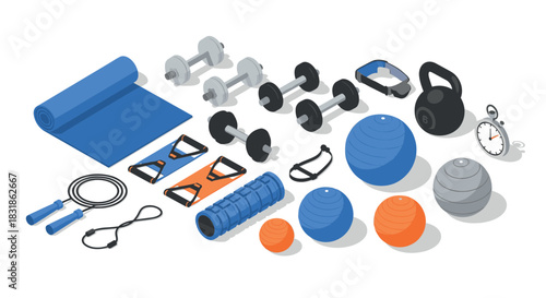 Comprehensive gym equipment collection in isometric style for fitness enthusiasts