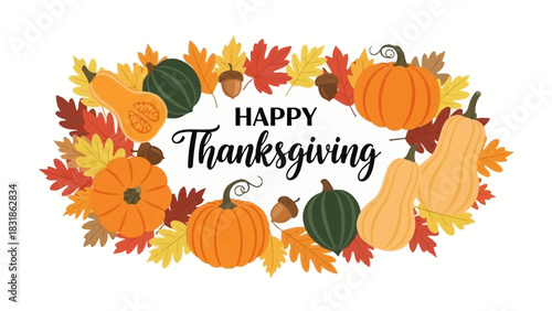 Vibrant autumn harvest frame with diverse pumpkins, gourds, and colorful fall leaves for a festive Happy Thanksgiving message