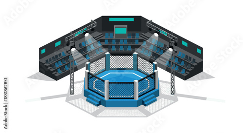 Mixed martial arts arena with modern hexagonal cage and seats