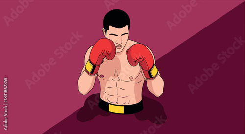 Boxer in defensive stance on bold red background