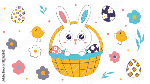 Cute cartoon easter bunny peeking out of a basket surrounded by colorful decorated eggs chicks and flowers on a white background perfect for spring celebrations