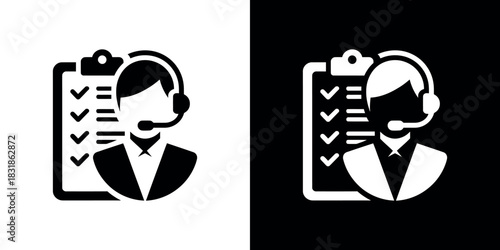 Asian Man wearing headset icon with checklist, on transparent background