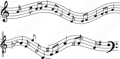 Dynamic musical notation illustration featuring wavy staffs adorned with black notes, clefs, and symbols, representing flowing harmony, rhythm, and the artistic essence of musical composition
