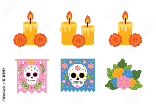 Candle and Papel Picado Set with Bright Banners, Lanterns, and Ofrenda Decorations for Day of the Dead Fiesta Vector Illustration Collection