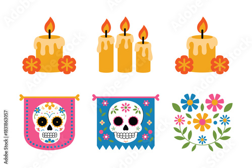 Candle and Papel Picado Set with Bright Banners, Lanterns, and Ofrenda Decorations for Day of the Dead Fiesta Vector Illustration Collection