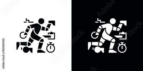 Black and White Icon of Person Sprinting with Timer and Clipboard on Transparent Background