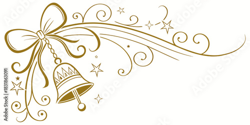 Elegant golden Christmas decorative element with a ribbon bow, a dangling bell, stars, and swirling ornaments on a white background.
