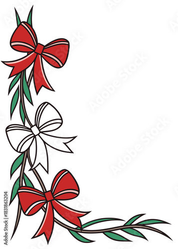 Vertical corner frame of Christmas bows and evergreen branches arranged tightly in a decorative L-shape on a white background.