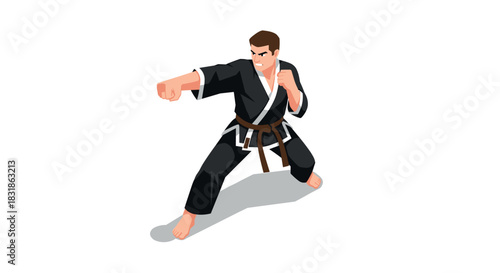 Martial artist in karate gi practicing punch with determination in dynamic pose