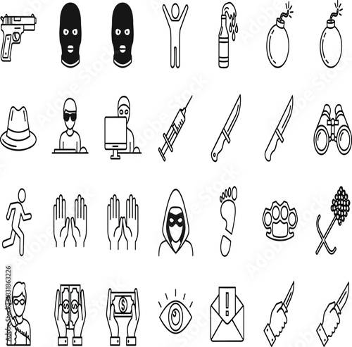 Set of 25 crime, threat, and underworld vector line icons, featuring weapons, masked criminals, burglary, espionage, money laundering, and illegal activity concepts for security and news design.