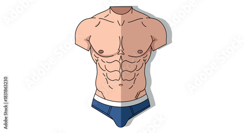 Muscular male torso in underwear with flat design and bold shadows
