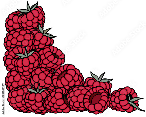 Dense corner block of bright red raspberries with leaves, forming a bold L-shape border, perfect for summer food and packaging design