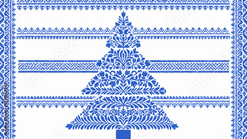 Beautiful ornate Christmas tree design, perfect for holiday cards or festive decorations, elegant blue floral pattern