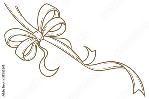 Flowing ribbon-like golden corner with a softly folded bow in the middle of the design, on a white background.