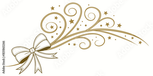 Elegant corner vector design of a flowing golden ribbon bow with filigree curls and scattered sparkling stars on a white background.